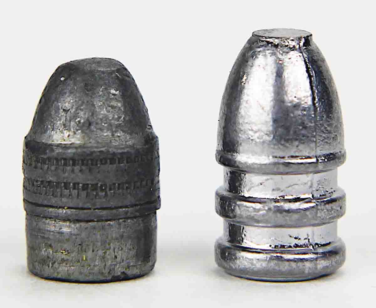 Original .32 S&W Long bullets (left) were heel-base, but a standard profile bullet (right) worked in the adapters, thanks to its hollow base.